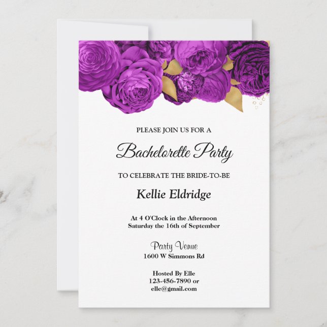 Invitation Bachelorette Florale Violet Et Or (Devant)