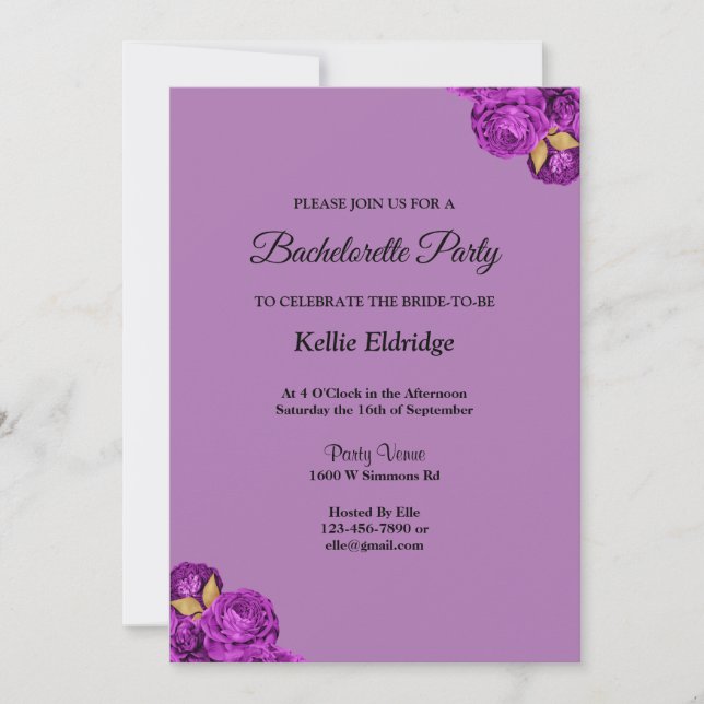 Invitation Bachelorette Florale Violet Et Or (Devant)
