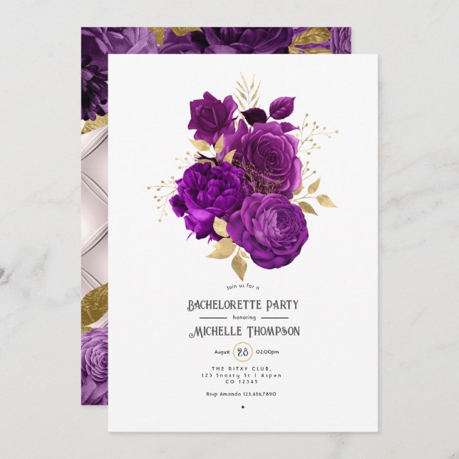 Invitation Bachelorette florale violet et or (Devant / Derrière)