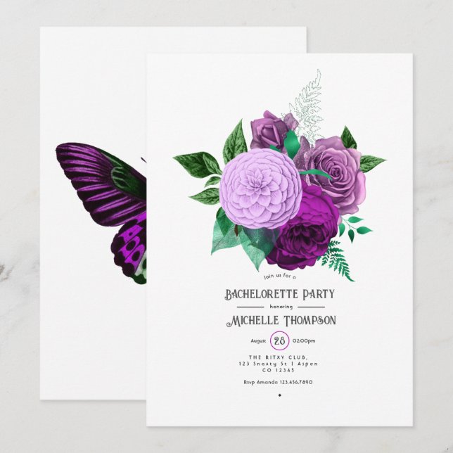 Invitation Bachelorette florale violette et verte (Devant / Derrière)