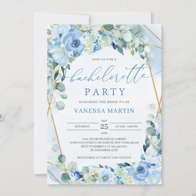 Invitation Bachelorette géométrique Dusty Blue Floral Gold (Devant)