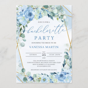Invitation Bachelorette géométrique Dusty Blue Floral Gold