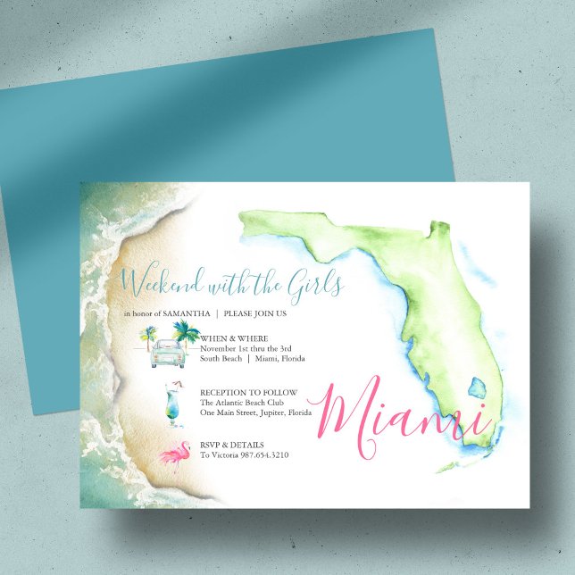 Invitation Bachelorette Girls Trip Aquarelle Illustré (Girl's weekend invitation itinerary Florida unique illustrated watercolor art  Victoria Grigaliunas)