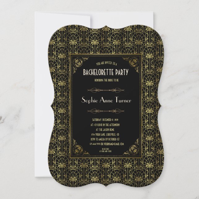 Invitation Bachelorette | Gold Black 1920 Art Déco (Devant)