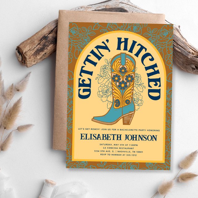 Invitation Bachelorette Hitched (Cowboy Boot Gettin' Hitched Bachelorette Party Invitation)