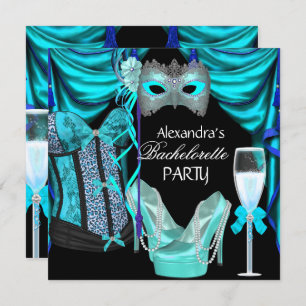 Invitation Bachelorette Leopard Blue Masquerade Champagne
