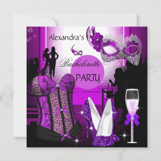 Invitation Bachelorette Leopard Champagne Corset Violet (Devant)