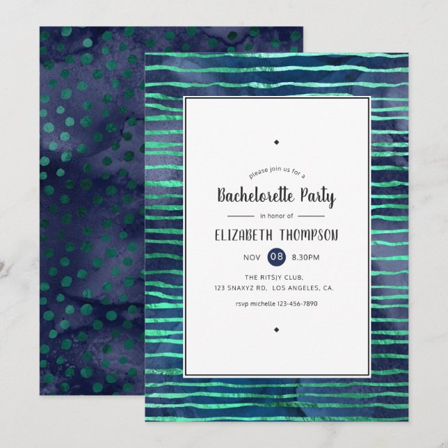 Invitation Bachelorette Marine et Turquoise Stripes et Dots (Devant / Derrière)