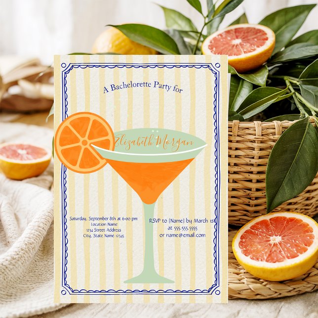 Invitation Bachelorette Martini Yellow Stripes (Créateur téléchargé)