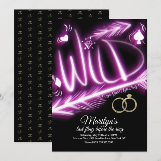 Invitation Bachelorette Neon Wild Vegas Party Filles Nuit (Devant / Derrière)