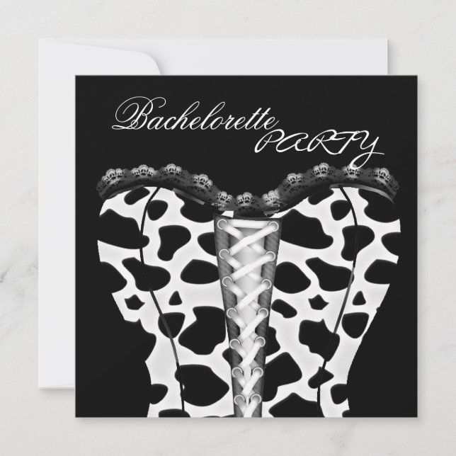 Invitation Bachelorette Noir Blanc Corset Animal (Devant)
