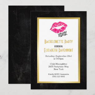 Invitation Bachelorette Noire et Or avec lèvres Kissy