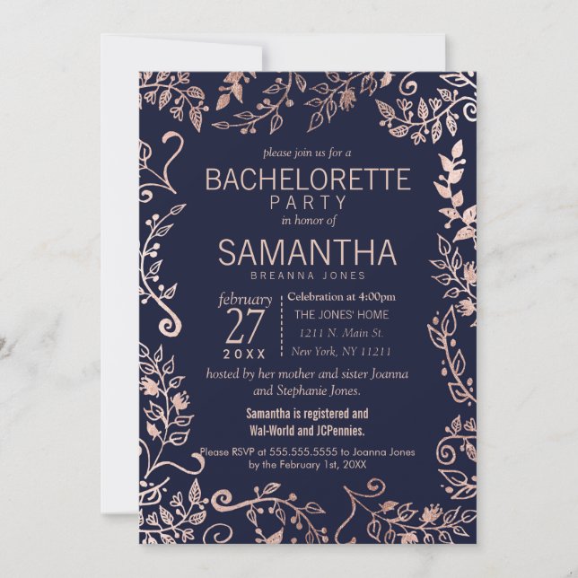 Invitation Bachelorette or Floral Rose de la marine (Devant)
