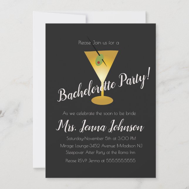 Invitation Bachelorette Parti Martini Verre Faux Or (Devant)