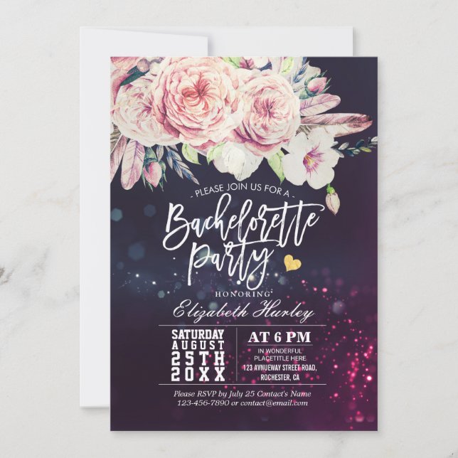 Invitation Bachelorette Party Aquarelle Boho Floral Feather (Devant)