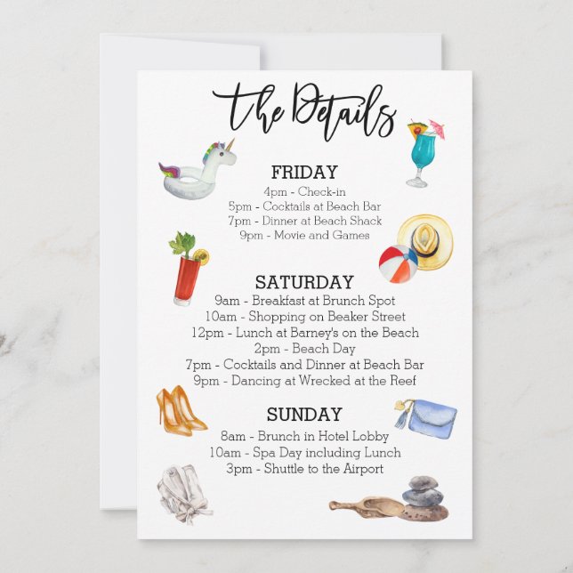 Invitation Bachelorette Party Beach Détails du weekend (Dos)
