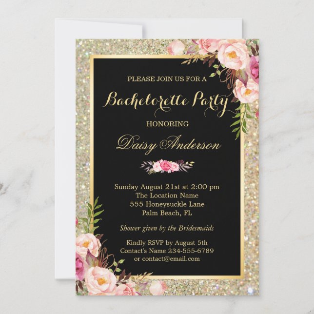Invitation Bachelorette Party brillant or étincelles Floral (Devant)