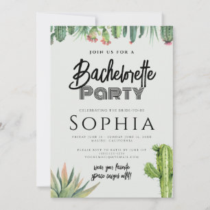 Invitation Bachelorette Party Cactus Aquarelle Sage Garden