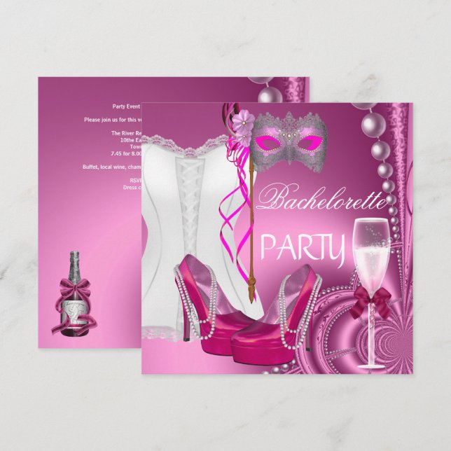 Invitation Bachelorette Party Corset Chaussures roses masque (Devant / Derrière)