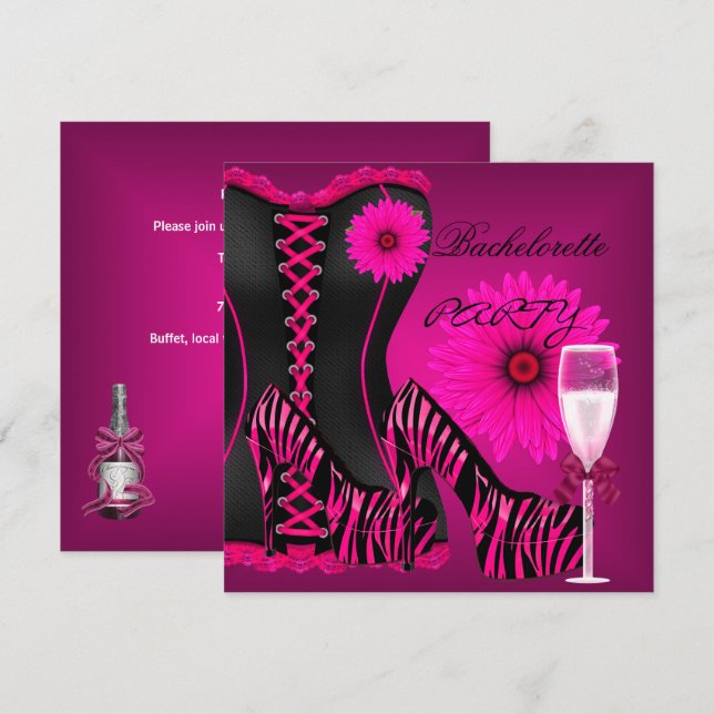 Invitation Bachelorette Party Corset Zebra Chaussures roses n (Devant / Derrière)