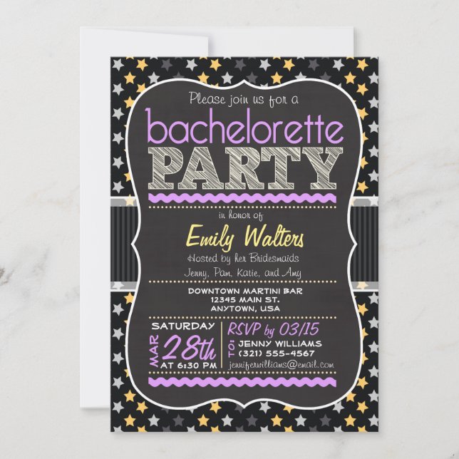 Invitation Bachelorette Party des étoiles violettes et jaunes (Devant)