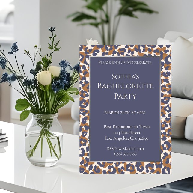 Invitation Bachelorette Party-Leopard Motif-Bleu et Brown (Bachelorette Party-Leopard Print-Blue and Brown- Invitation)