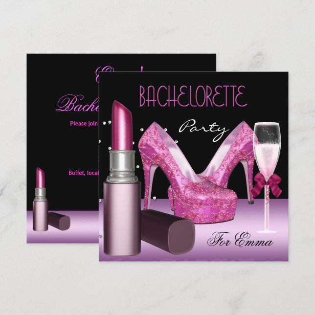 Invitation Bachelorette Party Lipstick Chaussures roses (Devant / Derrière)
