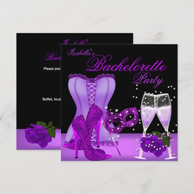Invitation Bachelorette Party Masque violet Leopard Heel Cors (Devant / Derrière)