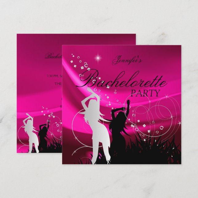 Invitation Bachelorette Party noir rose blanc argent (Devant / Derrière)