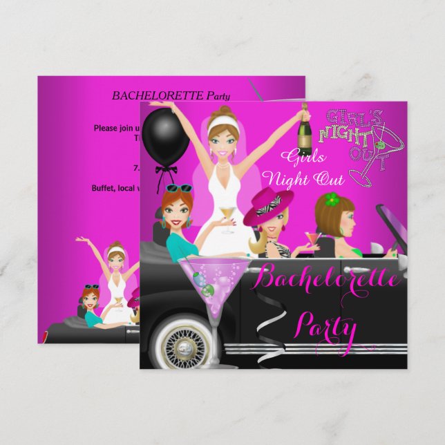 Invitation Bachelorette Party Pink Fun Limo Car Cocktails 1 (Devant / Derrière)