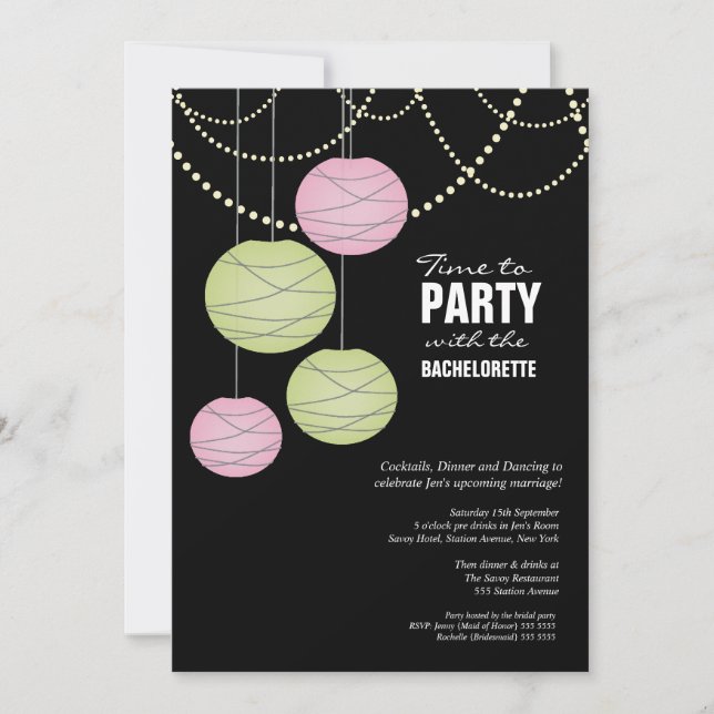 Invitation Bachelorette Party Pink Livre vert Lanternes (Devant)