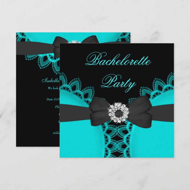 Invitation Bachelorette Party Turquoise Blue Black Lace (Devant / Derrière)
