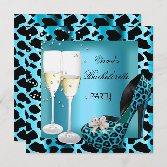 Invitation Bachelorette Party Turquoise Blue Leopard Black Ch (Devant / Derrière)