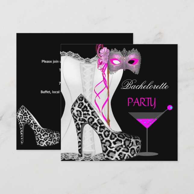 Invitation Bachelorette Party White Corset Pink Leopard (Devant / Derrière)