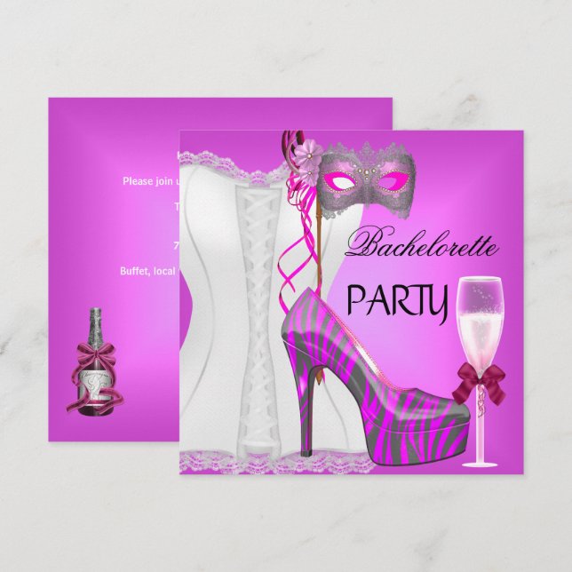 Invitation Bachelorette Party White Corset rose Zebra Chaussu (Devant / Derrière)
