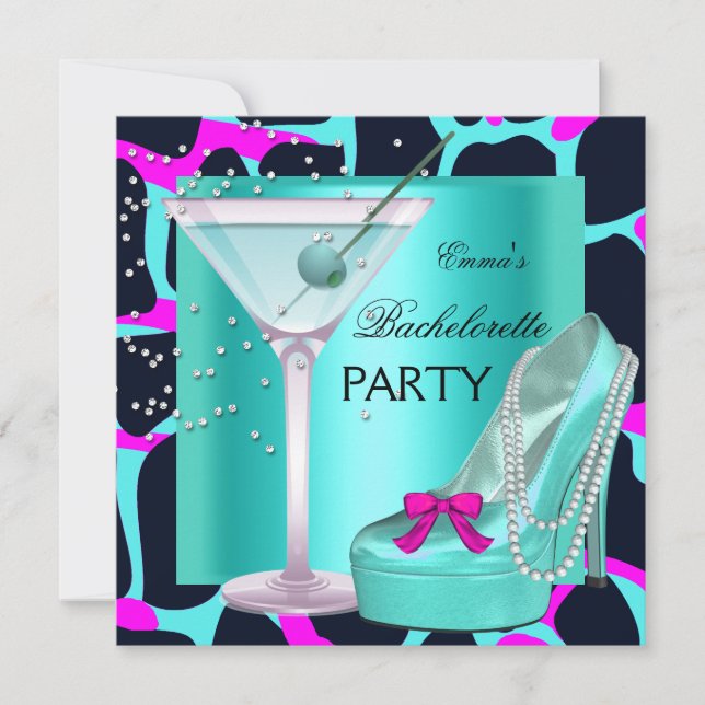 Invitation Bachelorette Party Wild Hot rose Turquoise Aqua (Devant)