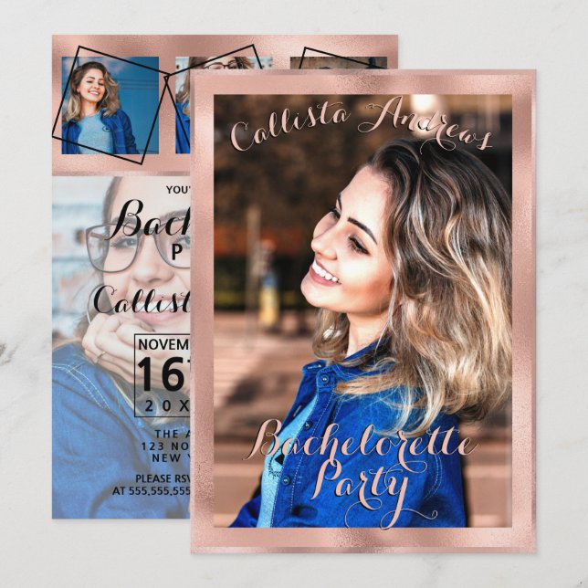 Invitation Bachelorette photo Collage de la frontière or fill (Devant / Derrière)
