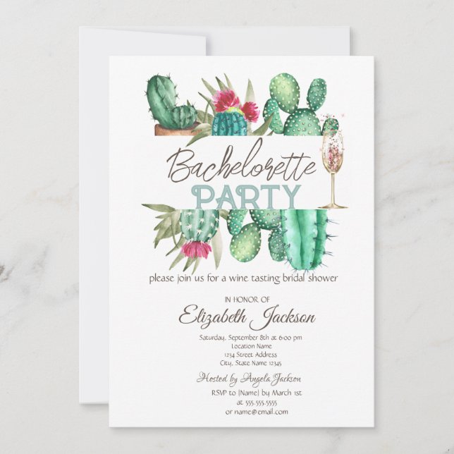 Invitation Bachelorette Pois Cactus aquarelle (Devant)