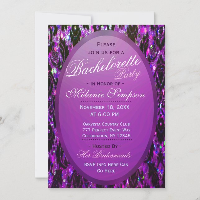 Invitation Bachelorette | Purple Damask Parties scintillant (Devant)
