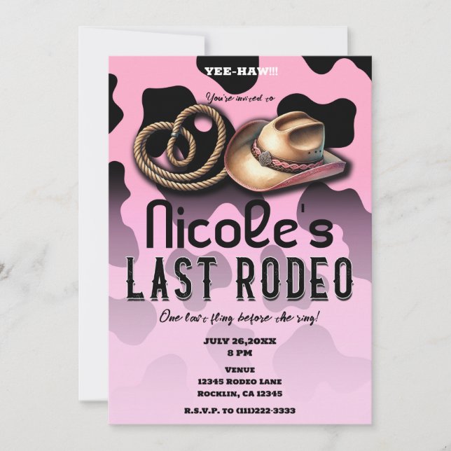 Invitation Bachelorette Rodéo Rosée et Black Cowgirl Dernière (Devant)