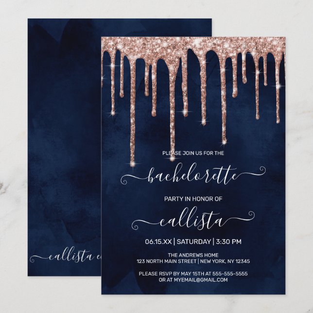 Invitation Bachelorette Rose bleu marine Parties scintillant  (Devant / Derrière)