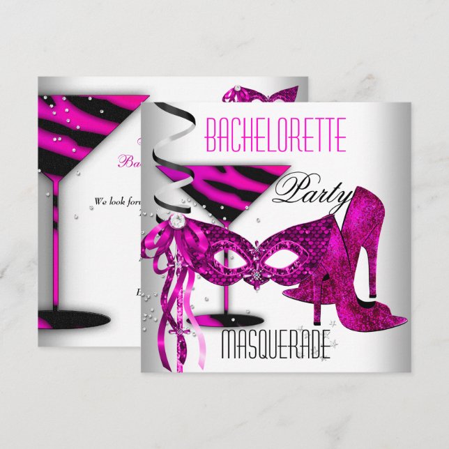 Invitation Bachelorette rose Masquerade blanc haute talon cha (Devant / Derrière)