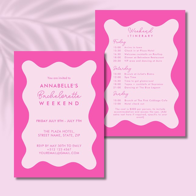Invitation Bachelorette rose moderne Itinéraire Wavy Invitati (Modern pink wavy Bachelorette Weekend Invitation with itinerary)
