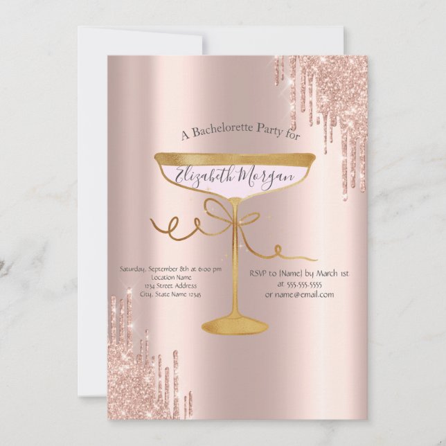Invitation Bachelorette rose Parties scintillant or Vin Verre (Devant)