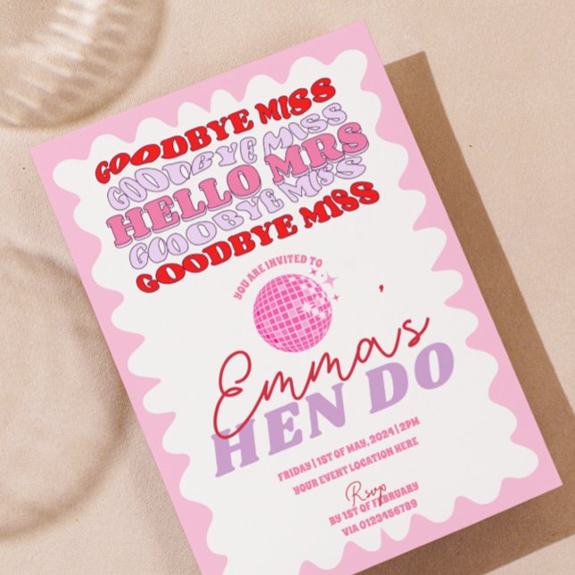 Invitation Bachelorette rose rouge ondulé (Red Pink Wavy Border Goodbye Miss Hello Mrs Hen Do Bachelorette Party Invite )