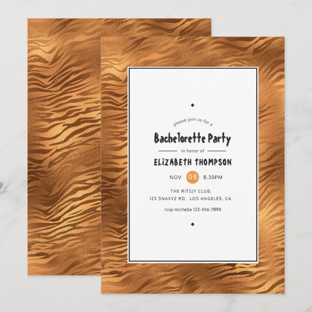 Invitation Bachelorette Shimmerger Gold Tiger Stripes (Devant / Derrière)