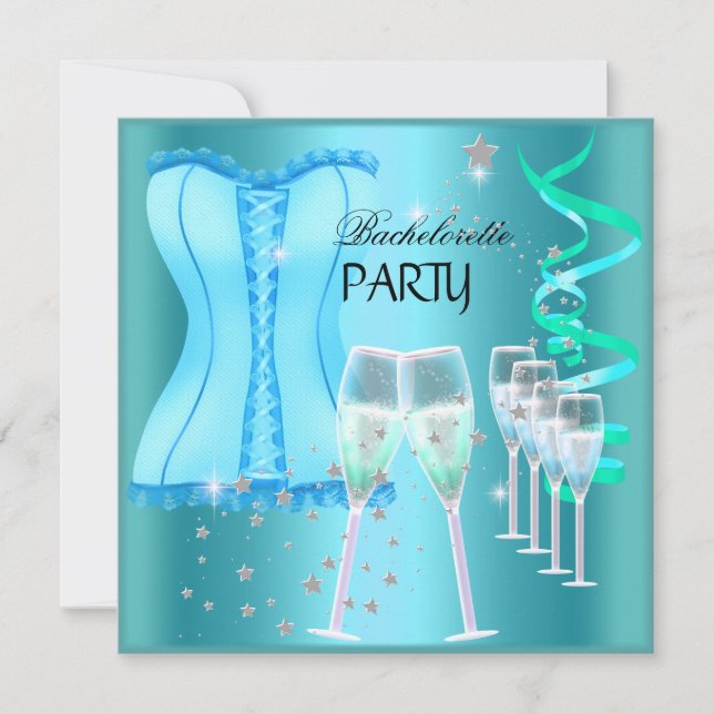 Invitation Bachelorette Turquoise Blue Corset Champagne (Devant)