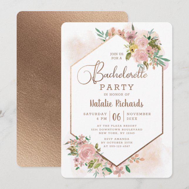 Invitation Bachelorette Vintage Rose (Devant / Derrière)