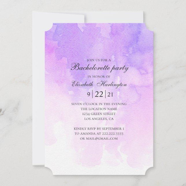 Invitation Bachelorette violet d'aquarelle. Lavande (Devant)