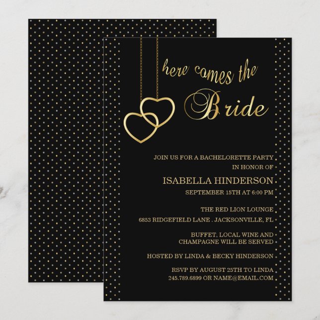 Invitation Bachelorette - Voici la mariée - Noir & Or (Devant / Derrière)